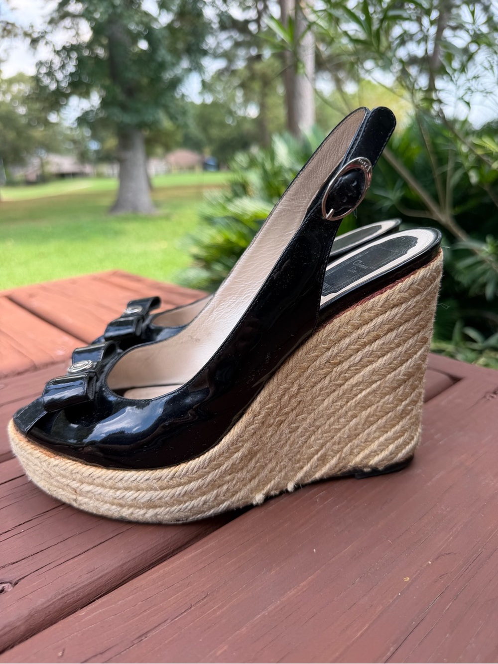 2010 Christian Dior Black Patent Bow Espadrille Wedges 8.5 $795 - Picture 5 of 9